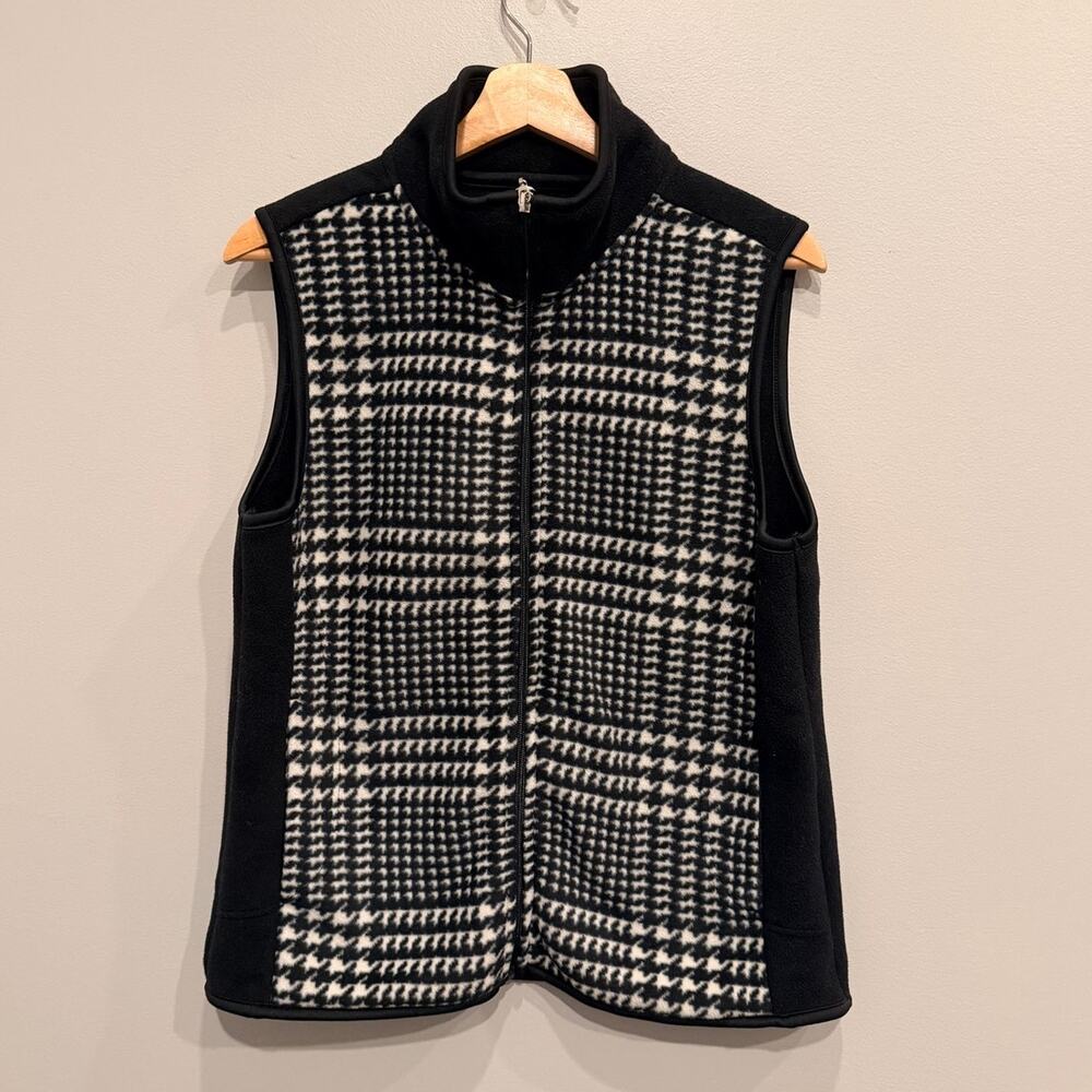 Cambridge Dry Goods Preppy Houndstooth Fleece Vest Full Zip Black White Size M